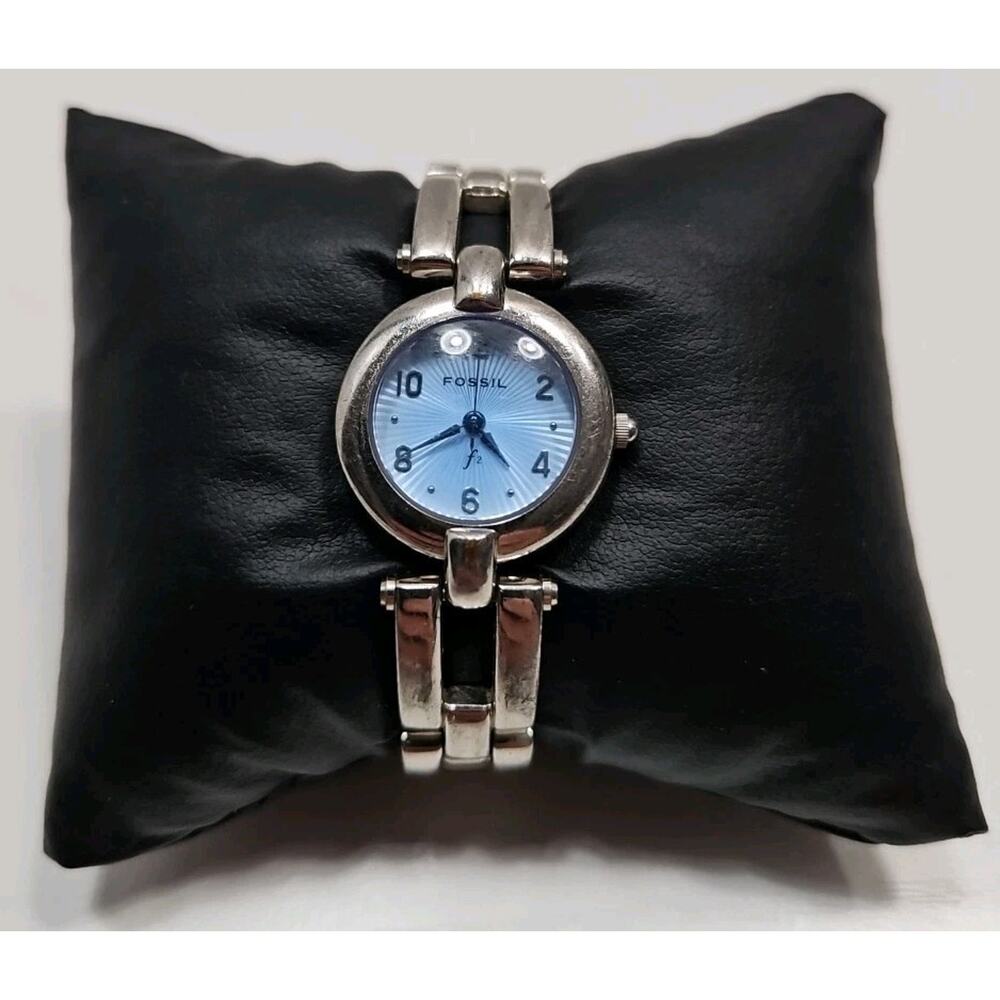 Fossil f2 ES 8958 Silver Tone Watch Blue Dial Link Band New Battery W153